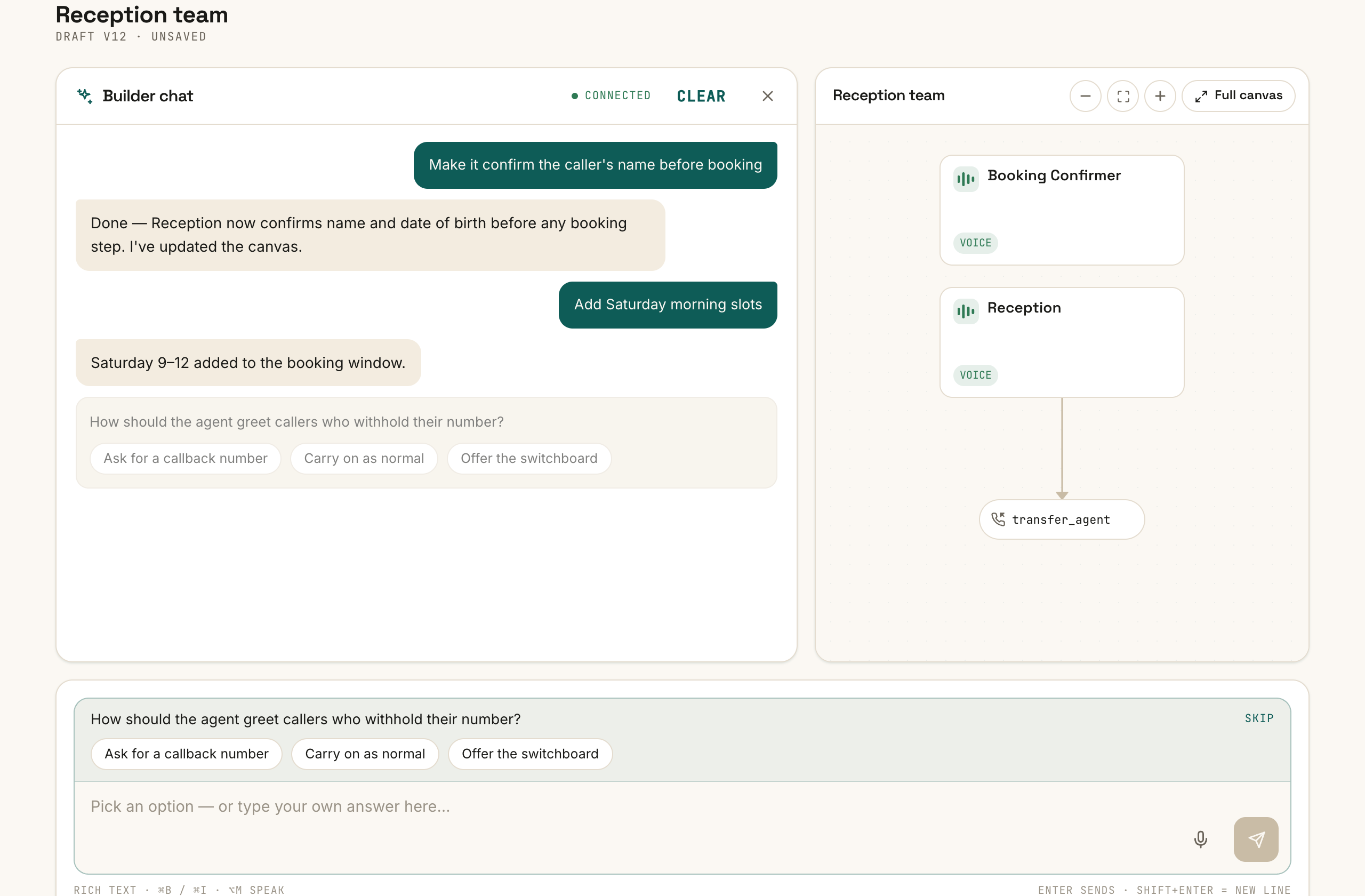 A Builder question docked into the composer, showing option pills the user can tap or answer over in text