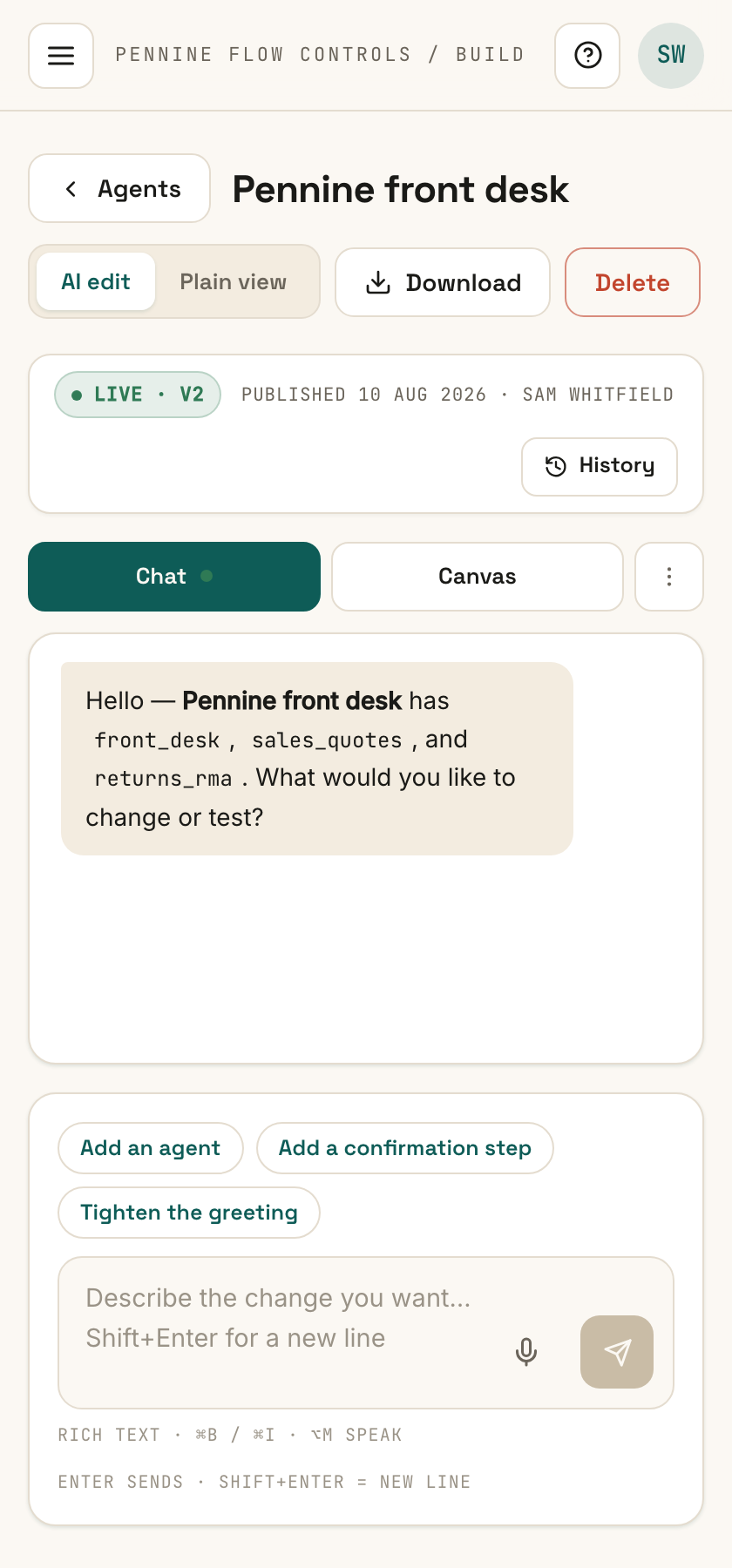 The Builder on a narrow screen: a Chat / Canvas tab pair above the conversation, with the composer and suggestion chips below