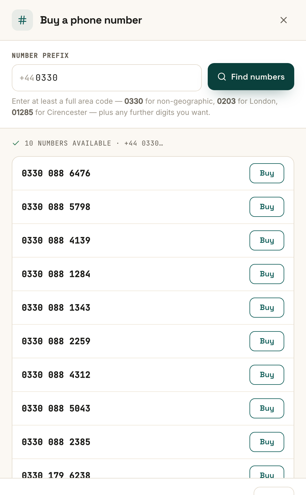 The Buy a phone number panel: a prefix search with ten available numbers and the plan allowance shown in the footer