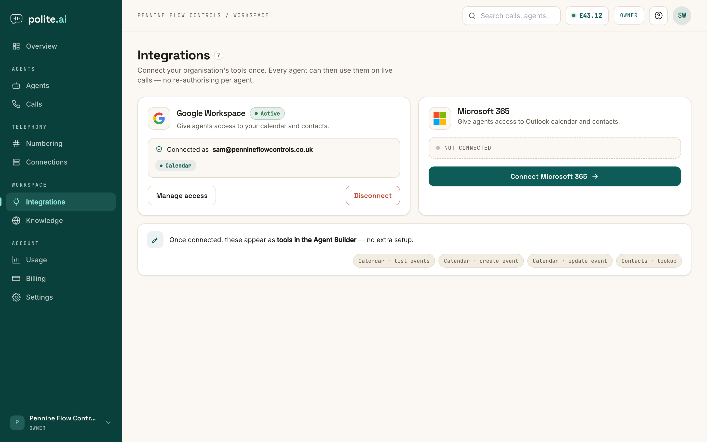 The Integrations page: a Google Workspace card marked Active and connected with a Calendar scope chip, a Microsoft 365 card not yet connected, and a row of calendar and contacts tool chips that appear in the Builder