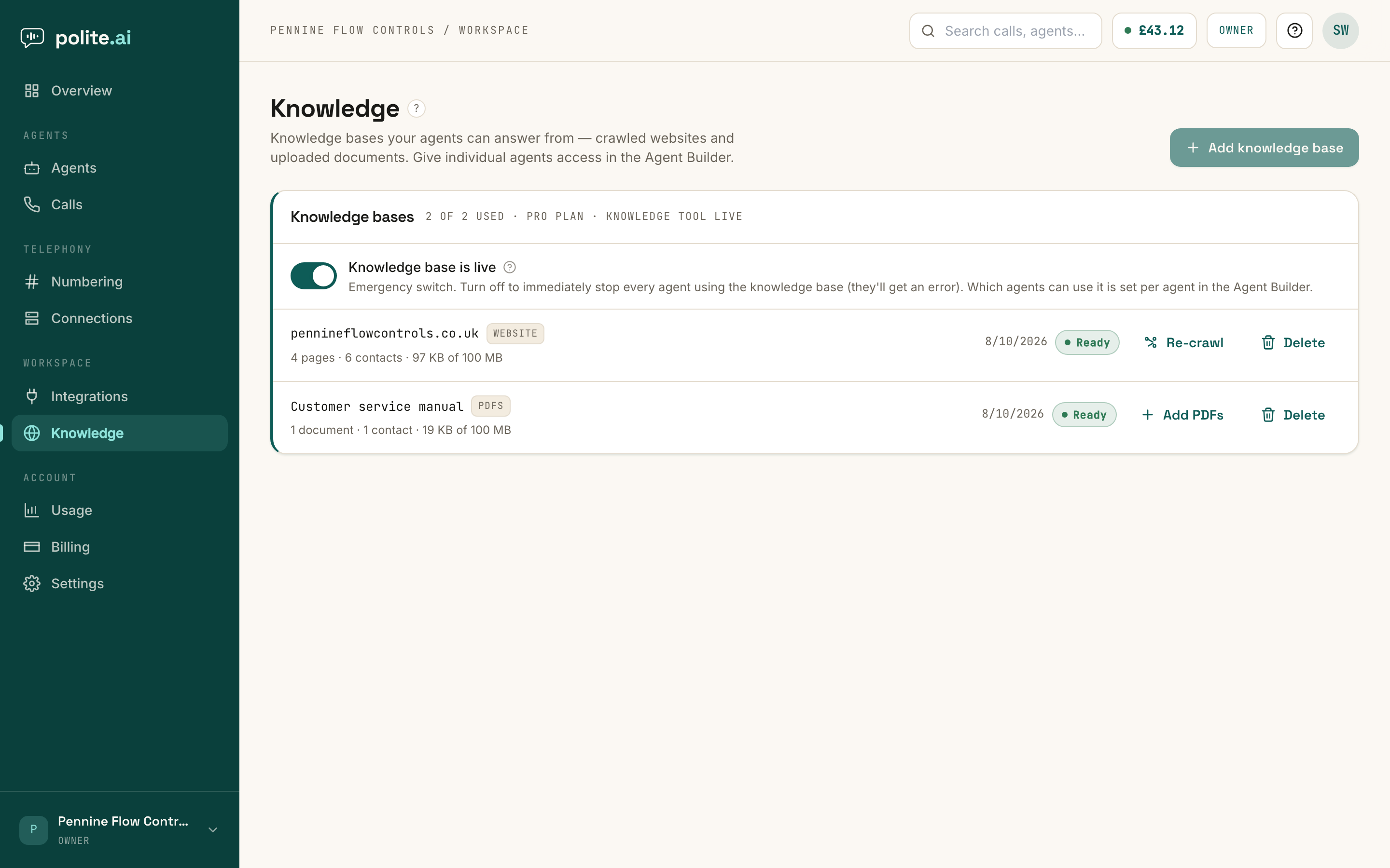 The Knowledge screen: a crawled website and an uploaded document collection, each with live status, and an organisation-wide off switch