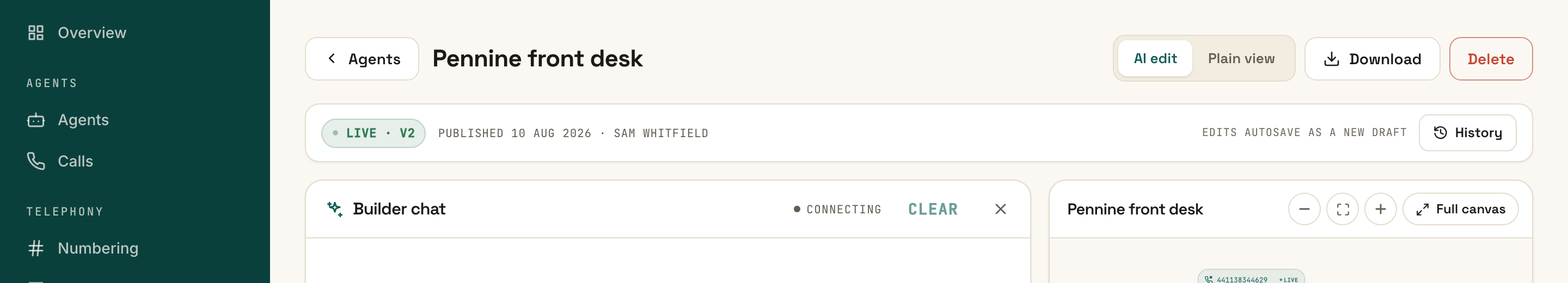 The version bar above the Builder canvas showing LIVE · V2, who published it and when, a note that edits autosave as a new draft, and a History button